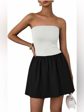 PRETTYGARDEN Strapless Two-Tone Tube Top Strapless Ruffle A Line Mini Dress